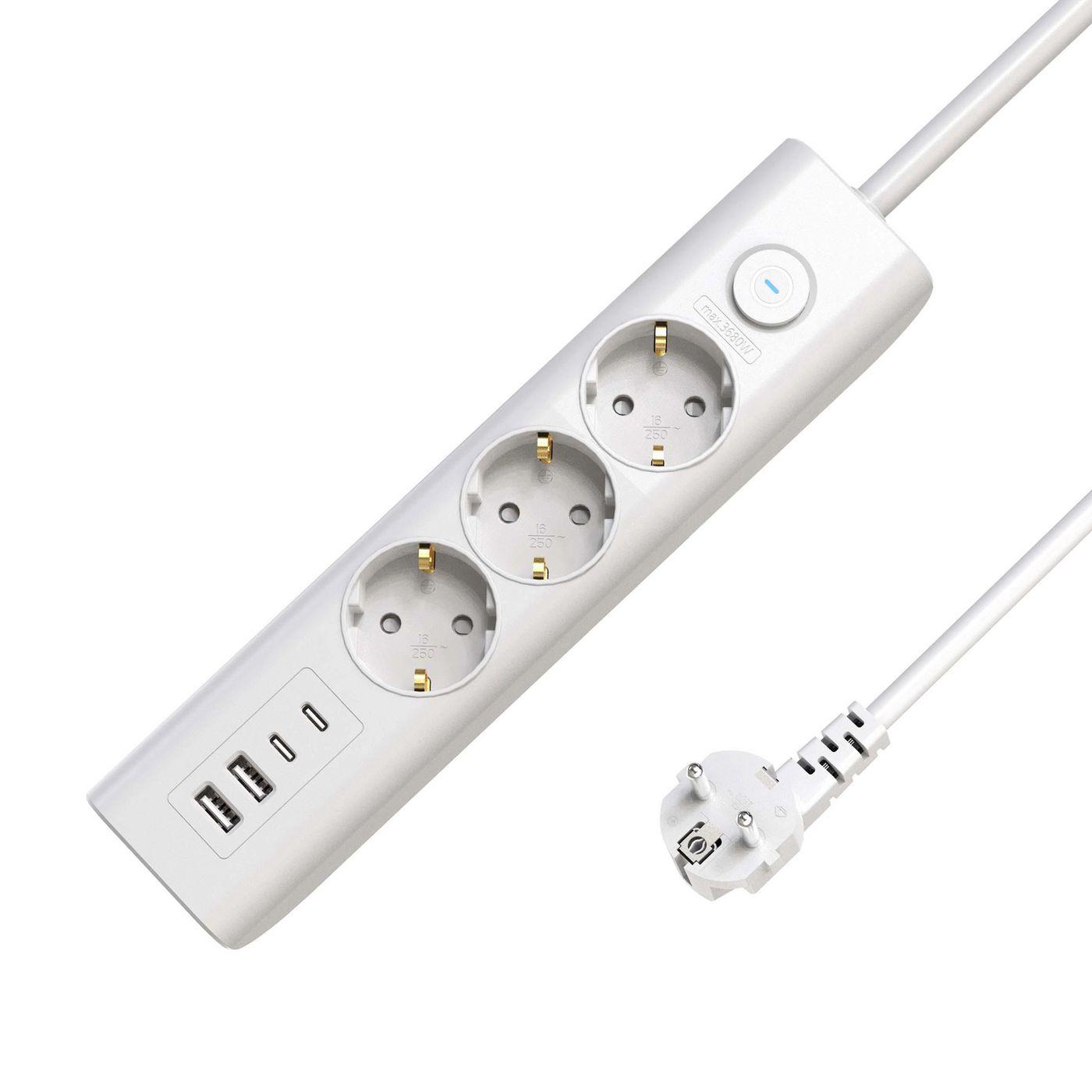 3-way USB Schuko Power Strip - on/off switch 1.5M White - Warranty 300M