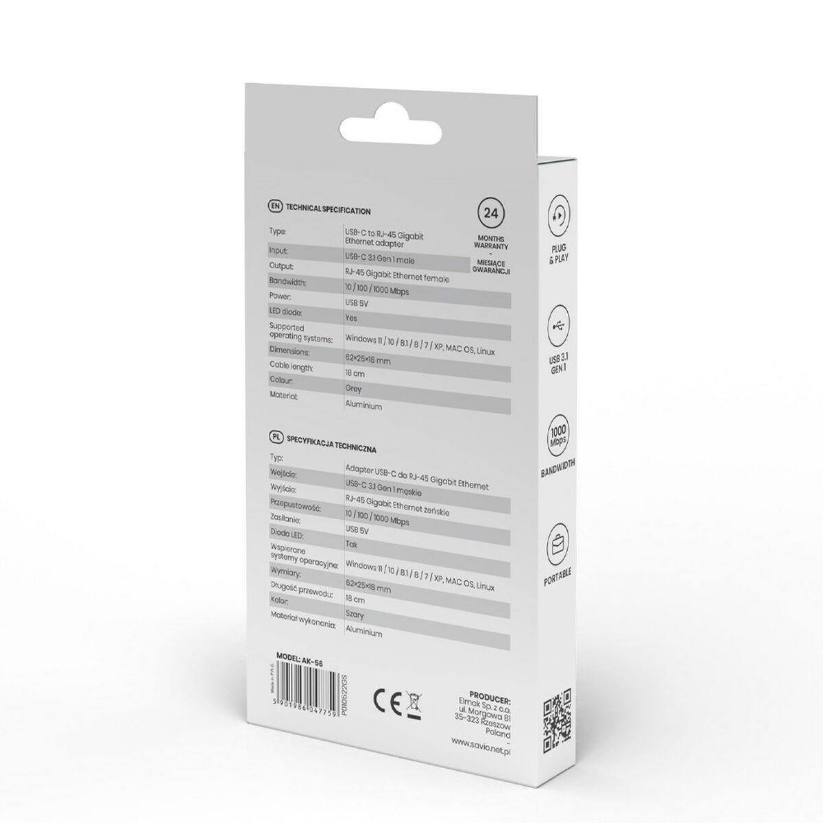 Adattatore USB-C con Ethernet Savio AK-56