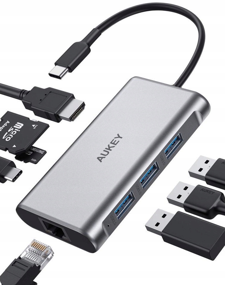 AUKEY 8-in-1 USB-C Hub, 3xUSB-A 3.1, HDMI 4K, RJ45, SD - Grey