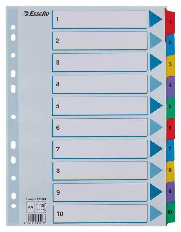 Indice in cartone Esselte con linguette rinforzate - A4 - Numerato 1-10 - Multicolore