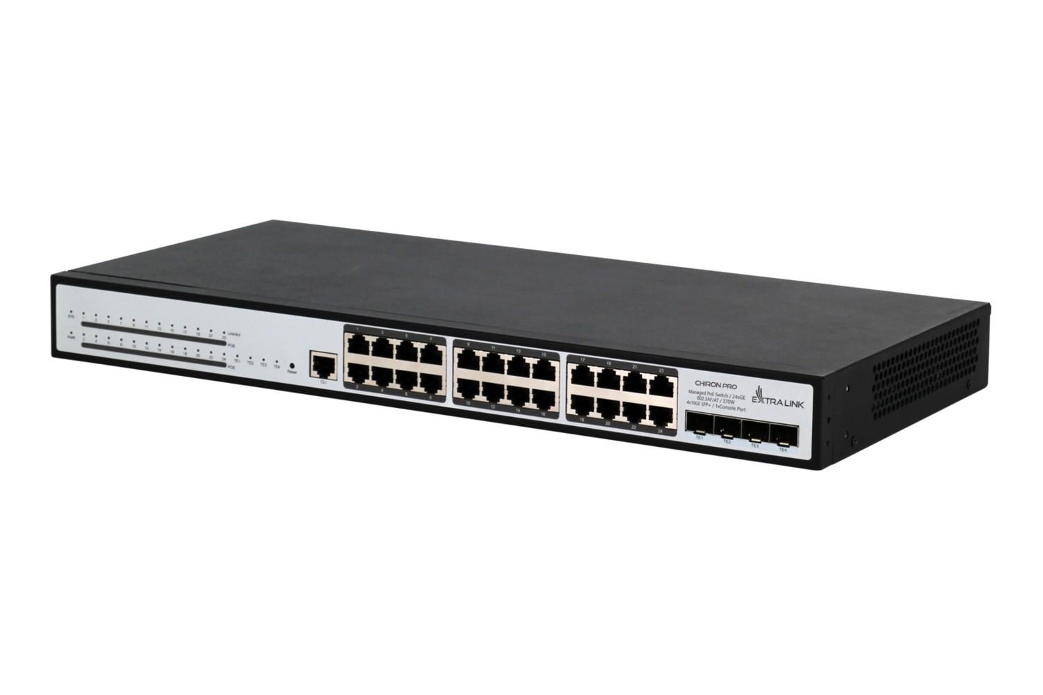 Extralink Chiron Pro | Switch PoE | 24x RJ45 1000Mb/s PoE, 4x SFP+, L3, 370W