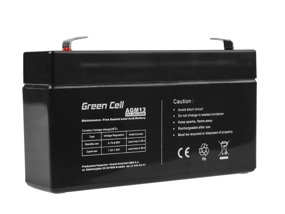 Batteria Green Cell AGM VRLA 6V 1,3Ah senza manutenzione per sistema di allarme, registratore di cassa, giocattoli