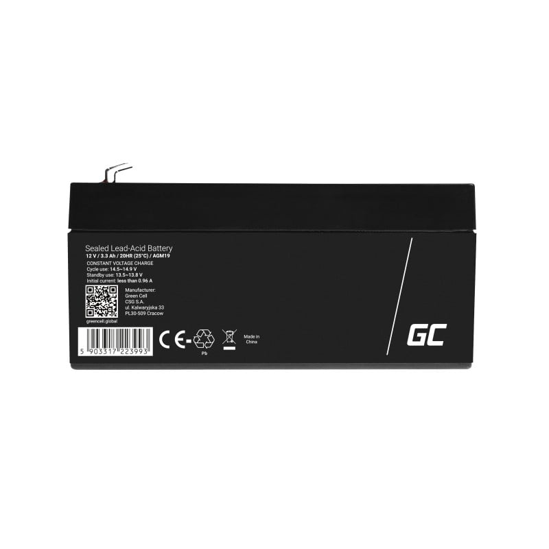 Batteria Green Cell AGM VRLA 12V 3,3Ah senza manutenzione per sistema di allarme, registratore di cassa, giocattoli