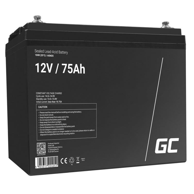 Batteria Green Cell AGM VRLA 12V 75Ah senza manutenzione per camper, fotovoltaico, pannelli solari, barche