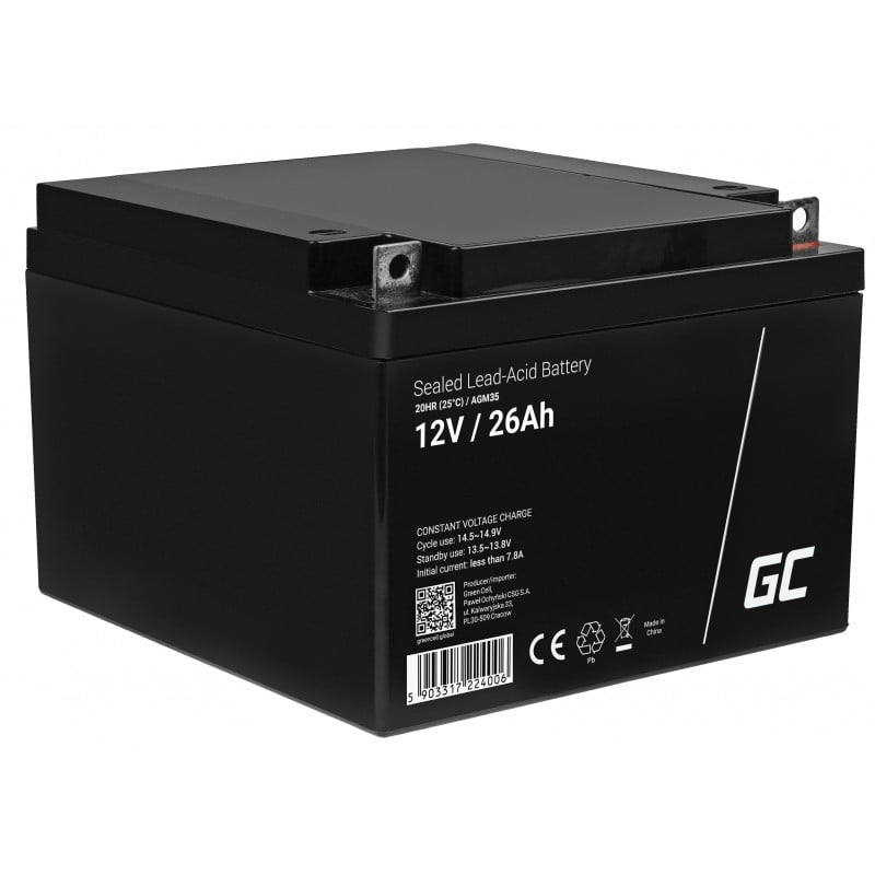 Batteria Green Cell AGM VRLA 12V 26Ah senza manutenzione per tosaerba, scooter, barca, sedia a rotelle