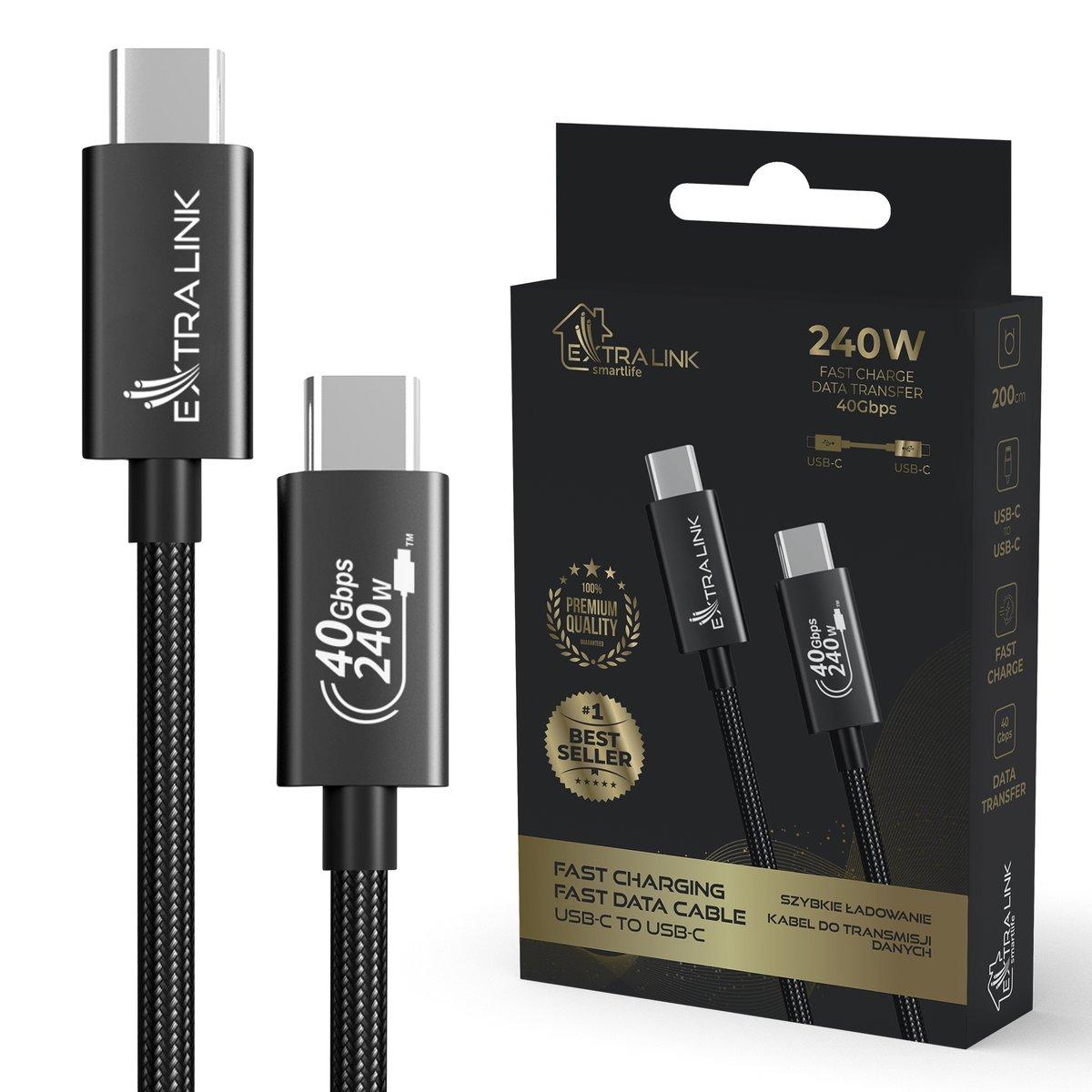 EXTRALINK SMART LIFE CABLE 240W USB-C - USB-C, 40GBPS, 200CM, NYLON BRAIDED, BLACK, CABESL05