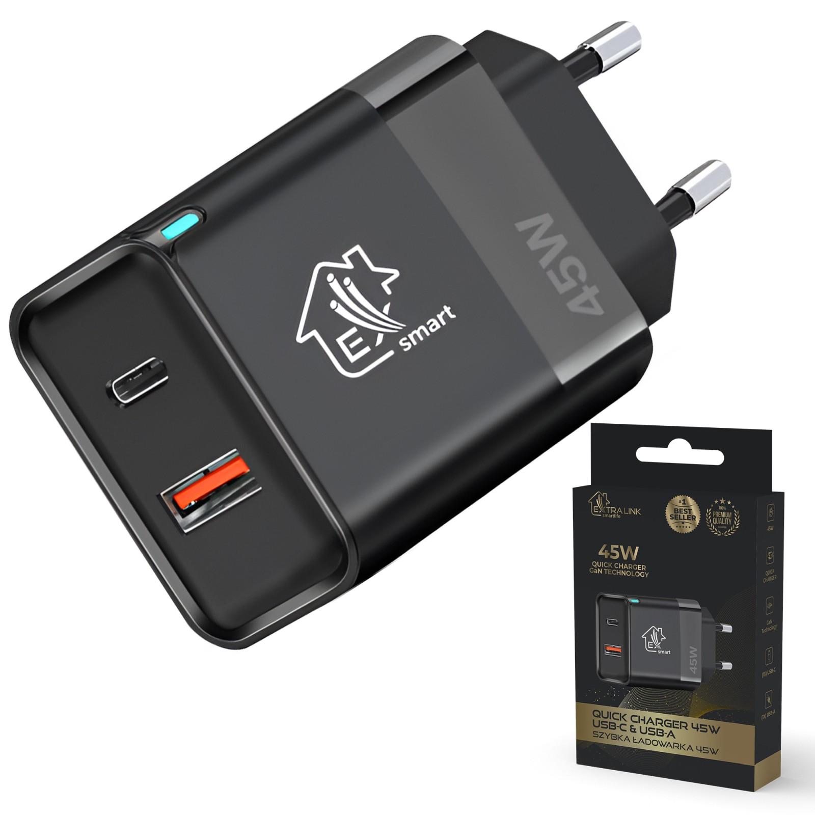 Extralink Smart Life Fast Charger 45W GaN | Caricabatterie | USB-C, USB-A