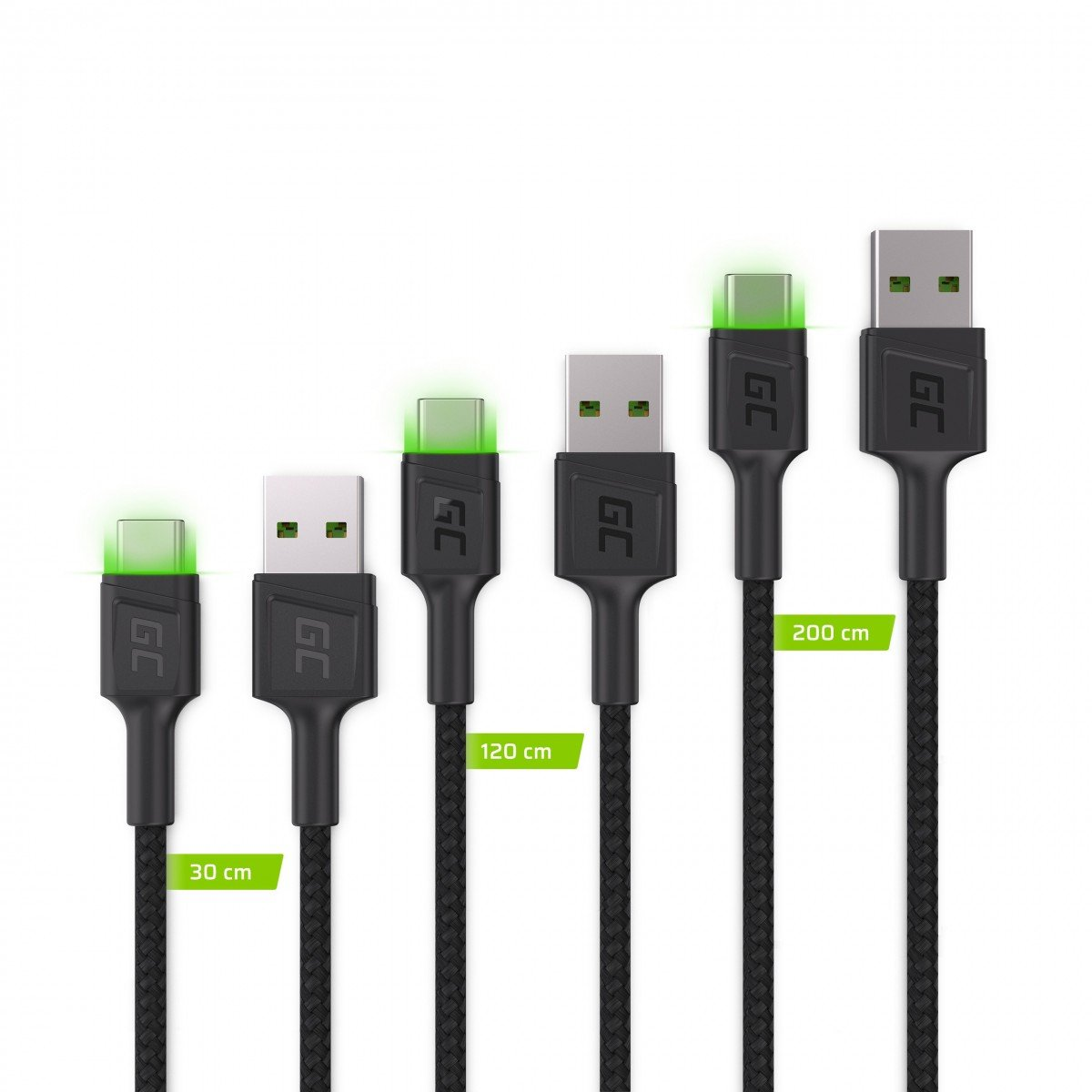 Set 3 cavi Green Cell Cable GC Ray USB-C da 30 cm, 120 cm, 200 cm con retroilluminazione a LED verde, ricarica rapida UC, QC 3.0