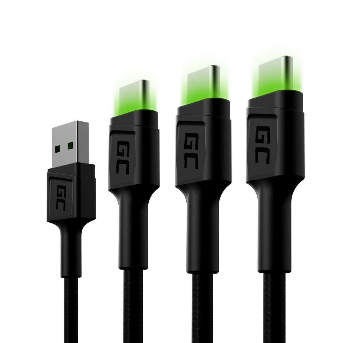 Set 3x Green Cell Cable GC Ray Cavo USB-C da 120 cm con retroilluminazione a LED verde, ricarica rapida Ultra Charge, QC 3.0