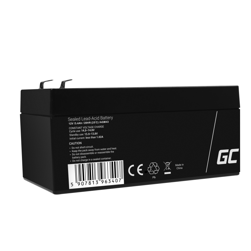 Batteria Green Cell AGM VRLA 12V 3,4Ah senza manutenzione per sistema di allarme, registratore di cassa, giocattoli