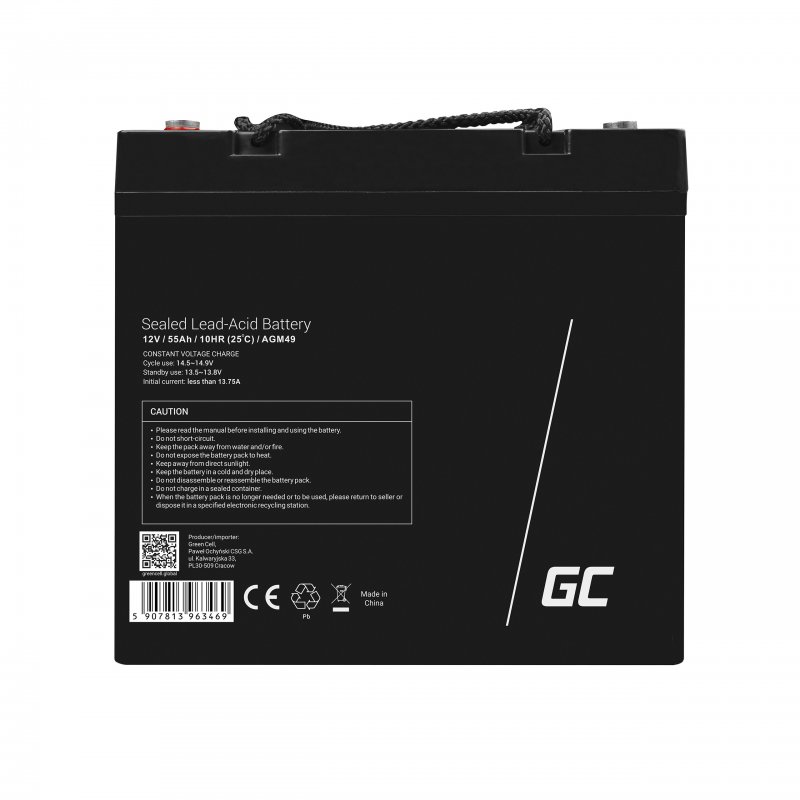 Batteria Green Cell AGM VRLA 12V 55Ah senza manutenzione per tosaerba, scooter, barca, sedia a rotelle