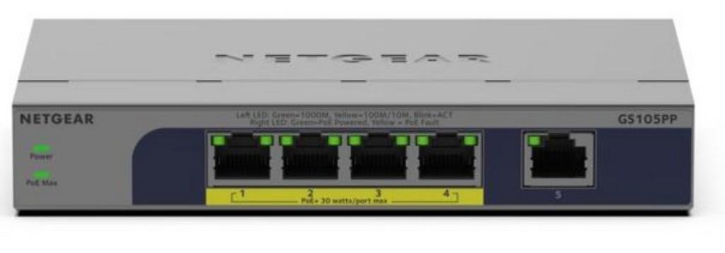 NETGEAR GS105PP Non gestito Gigabit Ethernet (10/100/1000) Supporto Power over Ethernet (PoE) Montaggio da desktop/parete Grigio