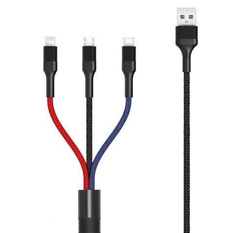 Cavo XO intrecciato da USB-A maschio a USB-C, MicroUSB e Lightning - Ricarica rapida 2A - Lunghezza 1,20 m