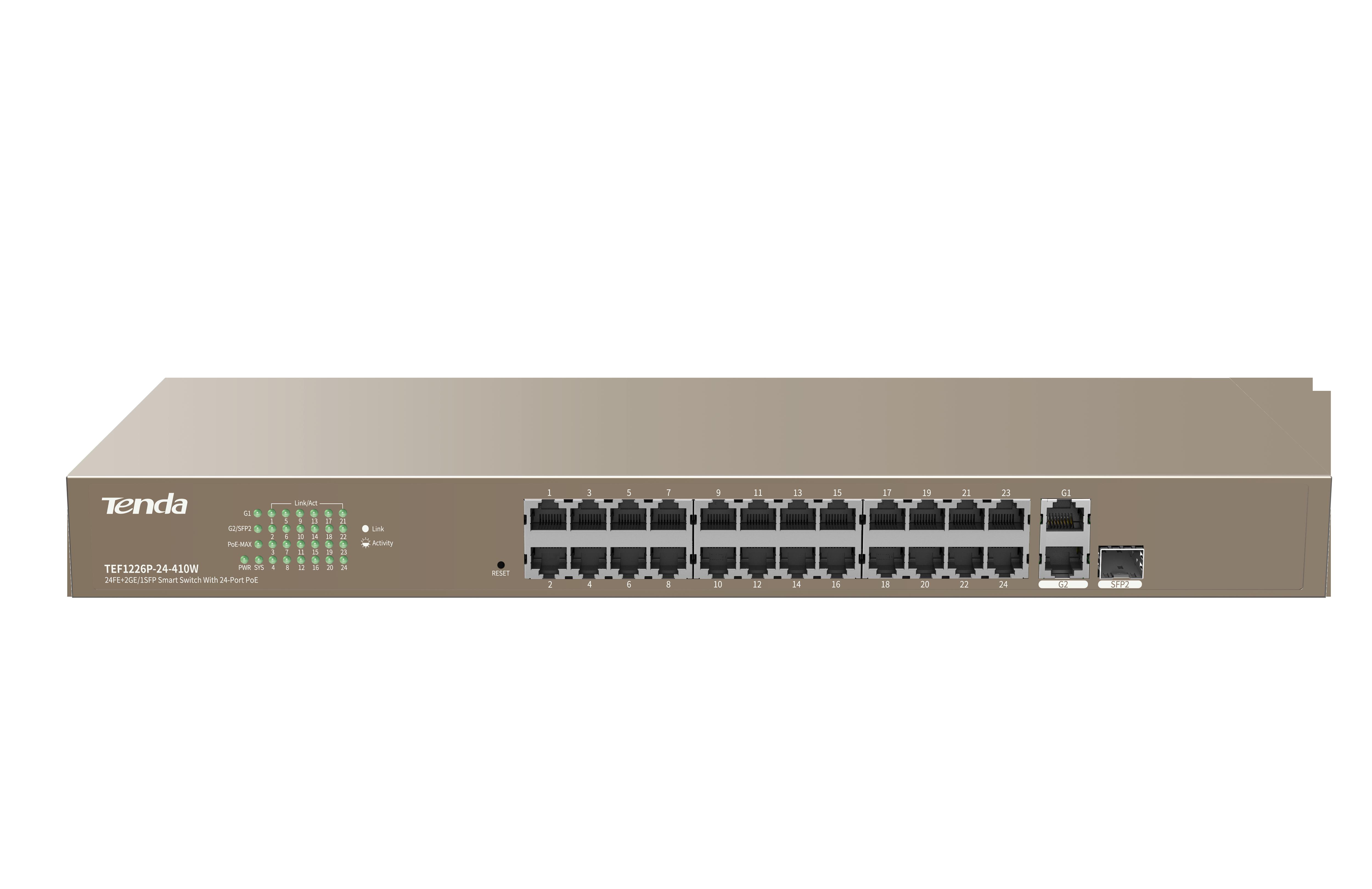 Tenda Switch PoE Web Smart 24 porte 10/1002Gb2SFP 440W - TEF1226P-24-410W