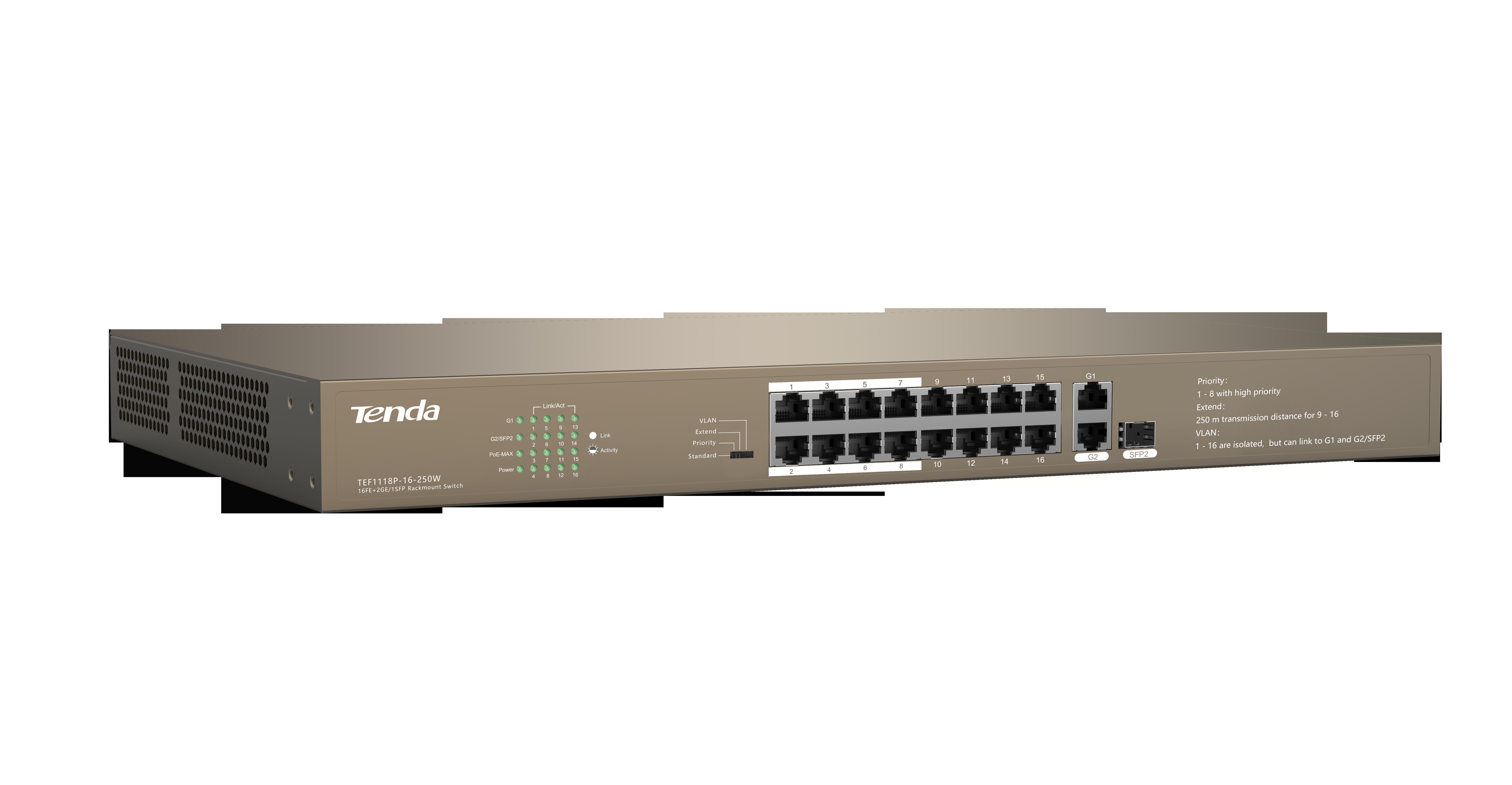 Switch Desktop 16 porte 10/100M PoE 250W 2 GE