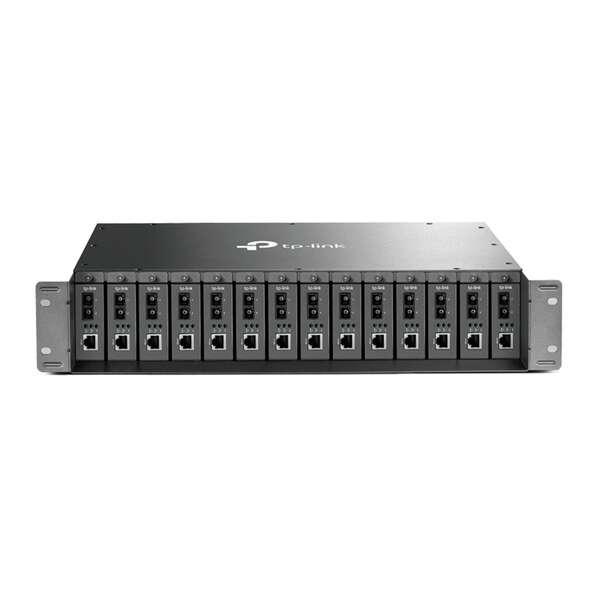 14-slot unmanaged media converter chassis, supports redundant power supply, with one AC power supply preinstalled, 2U 19-inch r