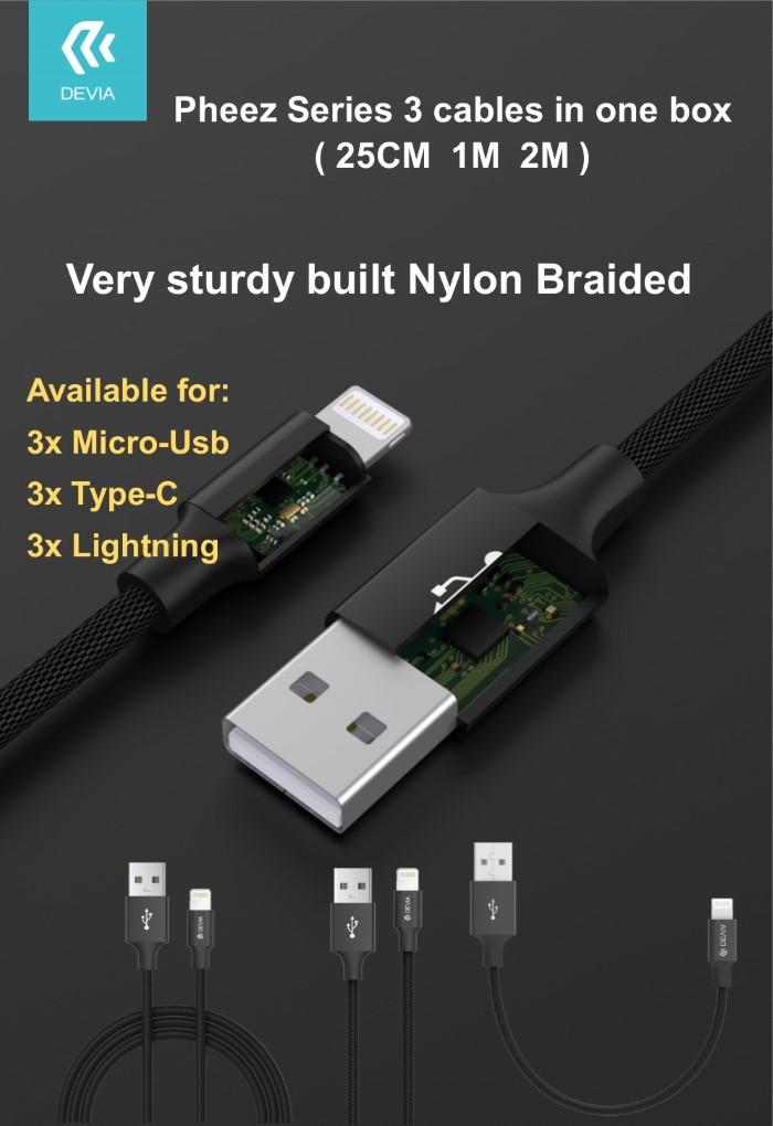 Pheez Set 3 Cavi 5 Volt 21A M-Usb 25cm - 1mt - 2mt Grigi