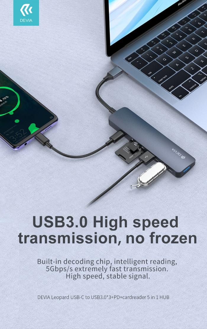 HUB 5 in 1 da Tipo-C a Lettore card Usb 3 e carica PD