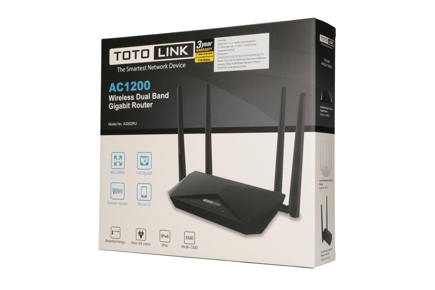 Totolink A3002RU WiFi Router AC1200 Dual Band MU-MIMO 5x RJ45 1000Mb/s 1x USB