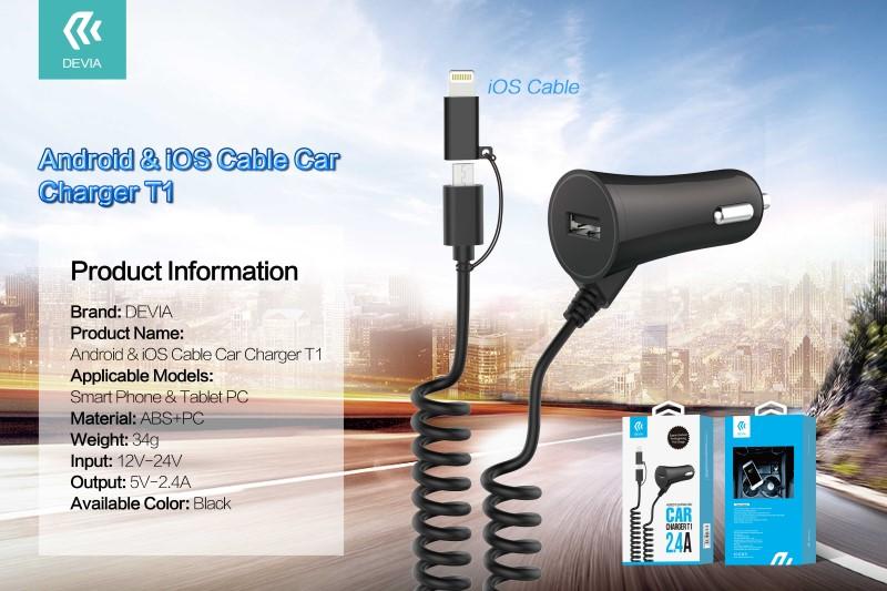 Carica da Auto T1 con Cavo Android & Lightning Uscita USB