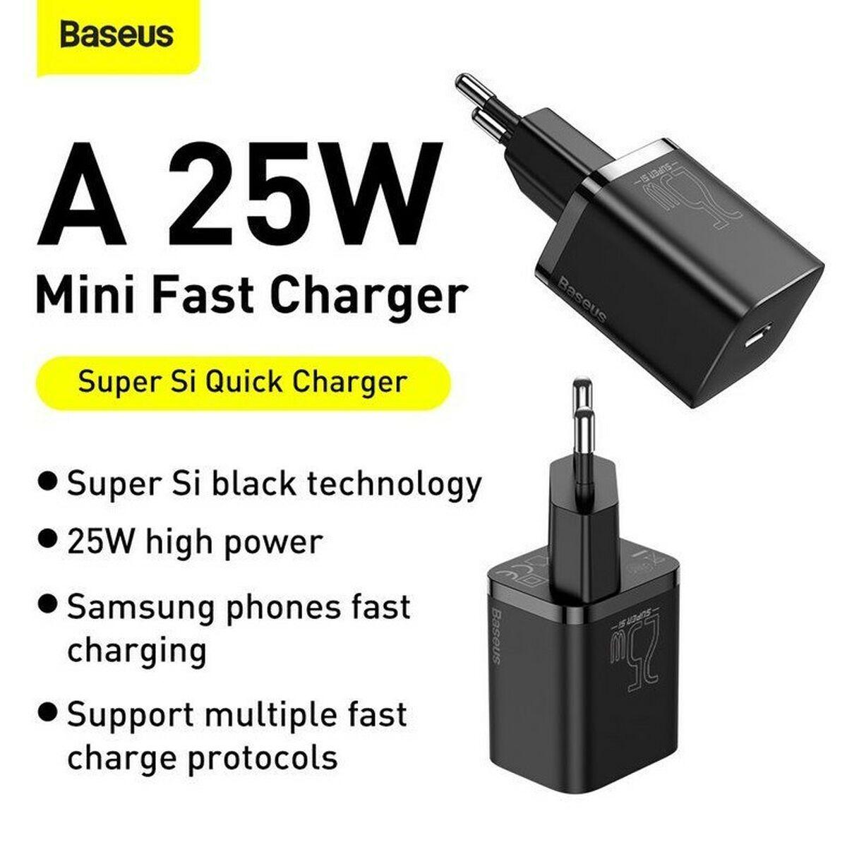Baseus TZCCSUP-L01 Caricabatterie per dispositivi mobili Nero Interno (Baseus Super Si USB-C Wall Charger 25W 3A + USB-C Cable
