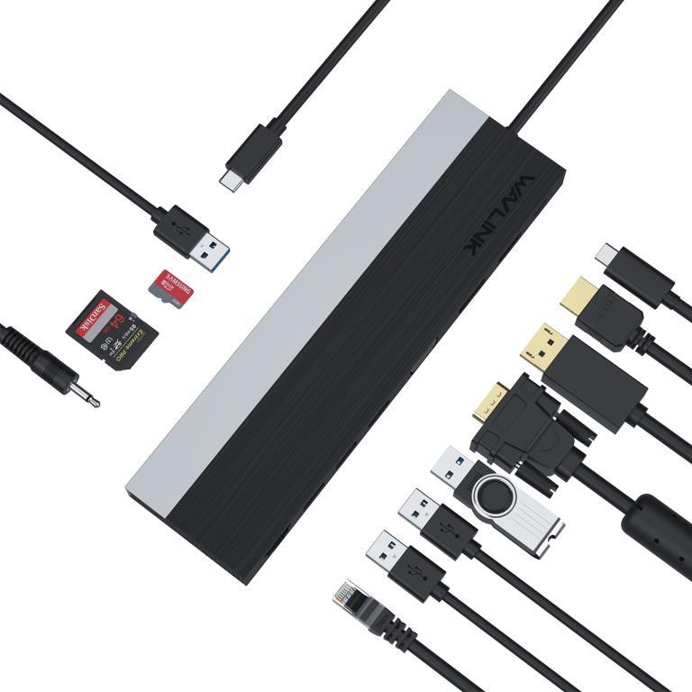 Hub USB tipo C a 1 * VGA, 1 * HDMI 4K/30Hz, 1 * DPort 4K/30Hz (1 porta video attiva su 3), 2 * USB3.0, 2 * USB2.0, lettore Micr