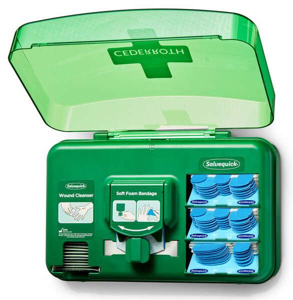 Dispenser per la cura delle ferite Cederroth - Include diverse dimensioni di apostite blu ferite per ferite e bendaggio autoade