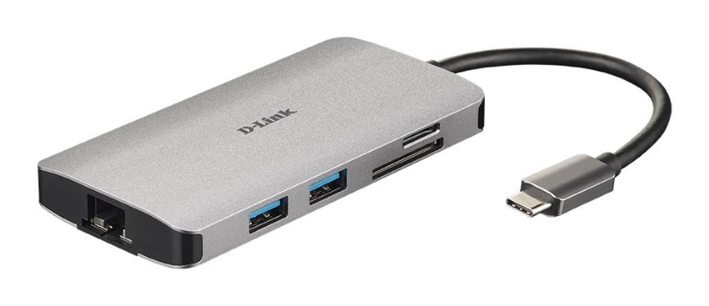 D-Link Hub USB-C 8 in 1 - 3 porte USB 3.0 - 1 porta HDMI 4K - 1 porta Lan Gigabit - 1 slot SD/micro SD - 1 porta USB-C (Thuder