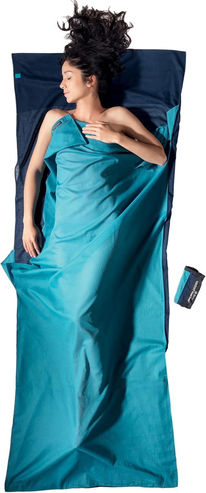 Sacco a pelo da viaggio leggero Cocoon, rettangolo, 220 x 90 cm, 100% cotone, blu laguna