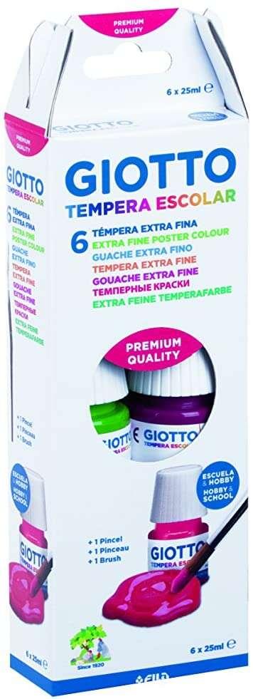 Giotto Tempera Confezione da 6 flaconi da 25 ml. Pennello - base acqua - Ottima coprenza - Colori supportati