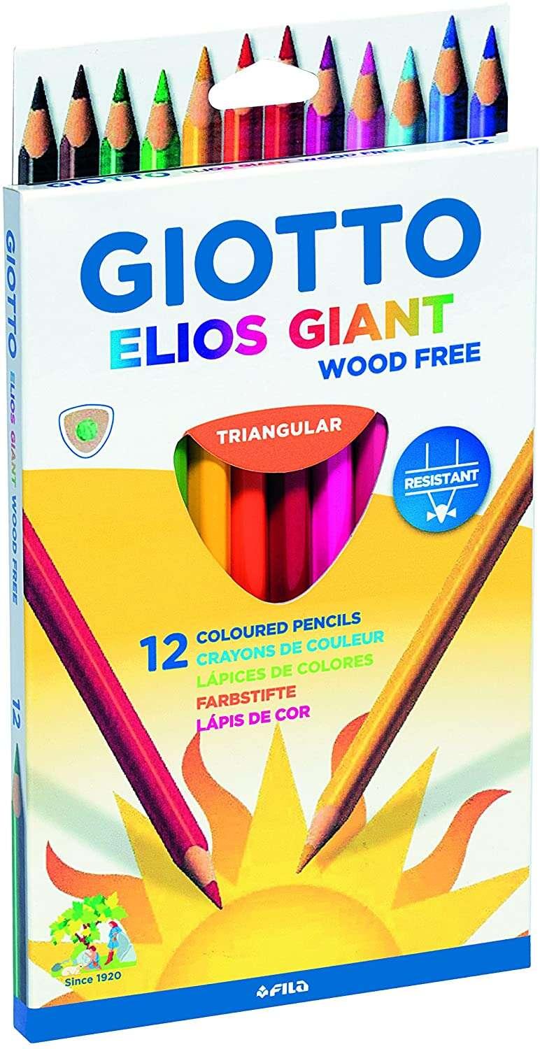 Giotto Elios Gigante in legno confezione gigante in omaggio 12 colori triangolari - legno semplice - Mina 5 mm - Colori Circond
