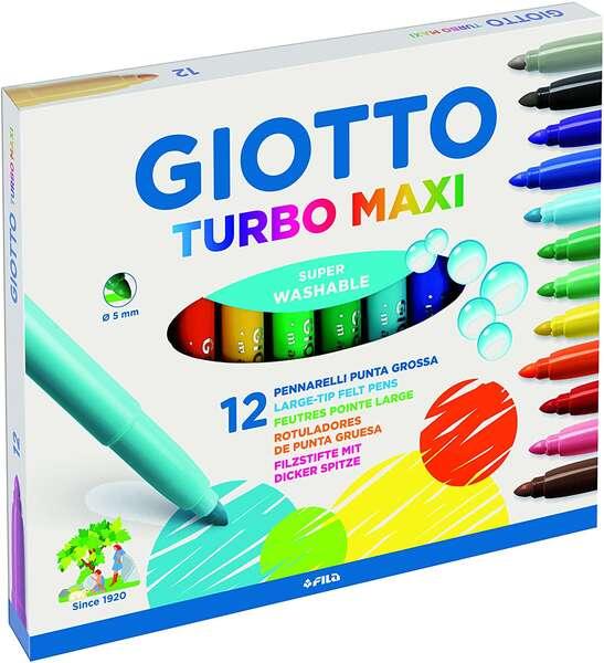 Giotto Turbo Maxi Confezione da 12 Pennarelli - Punta Spessore 5mm - Inchiostro ad Acqua - Lavabili - Colori Assortiti