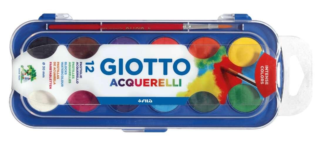 Giotto Astuccio regala 12 Acquerelli con Pennello da 30mm - Colori Brillanti Intensi e Vividi - Molto Coprenti - Colori Assorti