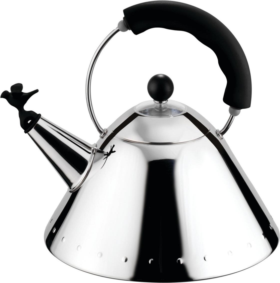 Bollitore Alessi 9093 B con manico in acciaio inox flute a forma di uccello in PA nera