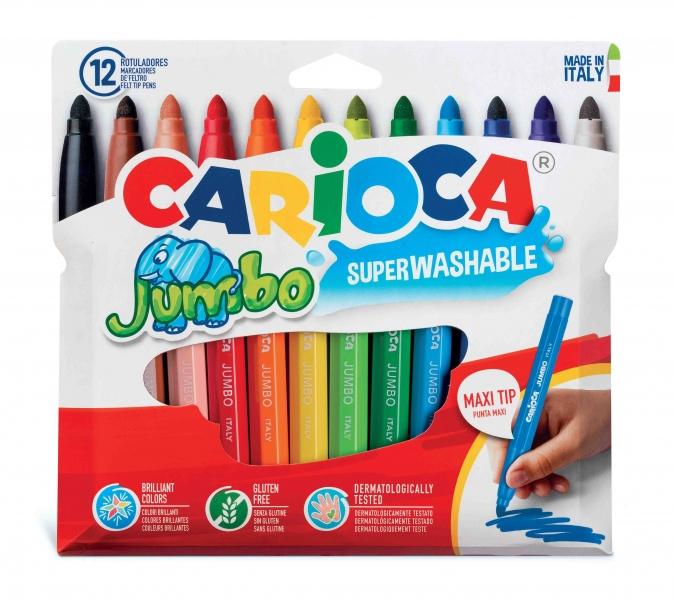 Carioca Jumbo Pack da 12 pennarelli - Corpo Ottagonale Maxi - Inchiostro Superlavabile - Punta Maxi 6mm Bloccata - Tappo Ventil