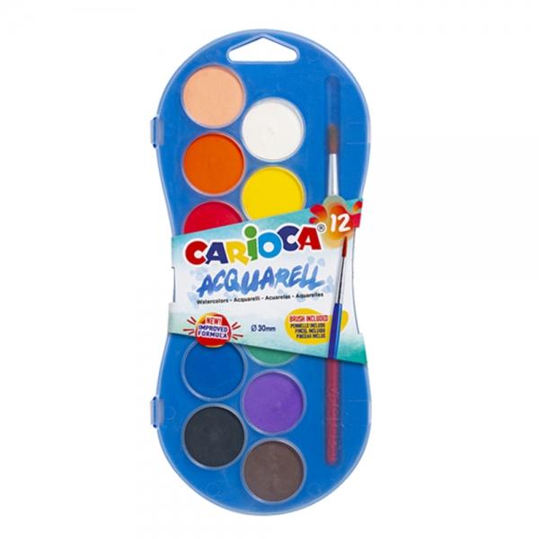 Carioca Acquerello Confezione da 12 Colori in Vaschetta - Brillanti - Facilmente Miscelabili - Ã˜ 30mm Caratteristiche: -Conf