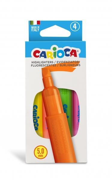 Carioca Memory Pack da 4 Evidenziatori - Punta Bisellata da 5mm - Brillanti e Lavabili - Inchiostro a Base d'Acqua
