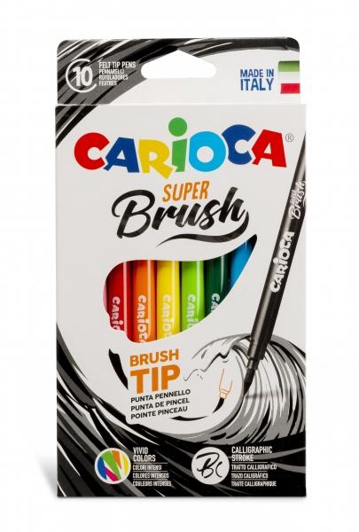 Carioca Super Brush Pack da 10 Pennarello - Punta Pennello Morbida e Flessibile - Inchiostro Lavabile