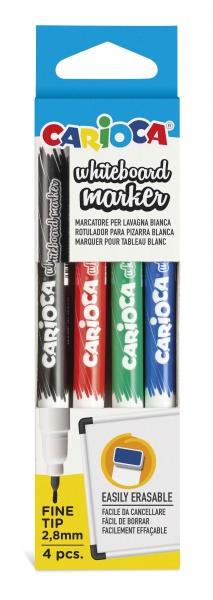 Carioca Pack da 4 Pennarello per Lavagna Bianca a Punta Fine - Seccaggio Rapido - Si Cancella Facilmente - Punta da 28 mm