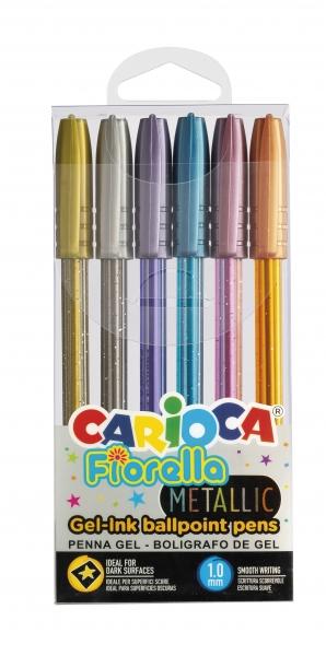 CARIOCA FIorella Pacchetto metallico di 6 boligrafi di colori inchiostro gel - BOLA Punto 1mm - corpo trasparente fluo - Suppor