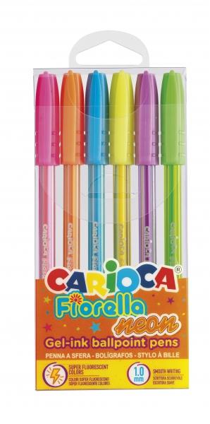 Carioca Fiorella Confezione da 6 Penne Colorate Neon - Penna a Sfera con Punta a Sfera e Corpo Trasparente Fluo - Scrittura Lum