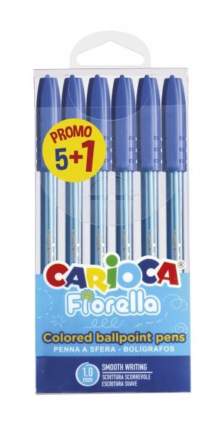 Carioca Fiorella Confezione da 6 Penne - Punta sferica - Corpo Trasparente Fluo - Punta 1mm - Scrittura Brillante e Colorata -