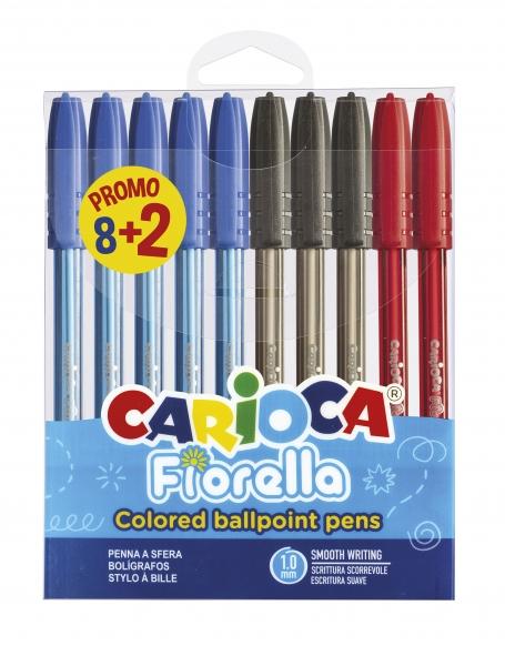 PACCHEGGIO CARIOCA FIorella di 10 Boligrafi di colori - punta della sfera - corpo fluo trasparente - scrittura luminosa e color