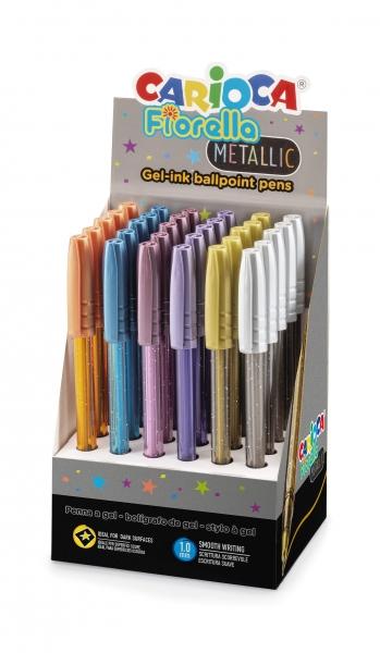 Carioca Fiorella Espositore di 30 Colori metallici di Boligraphos de - Tip di sfera - Fluo Body trasparente - Scrittura luminos