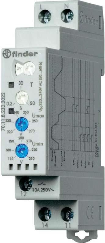 Relay di monitoraggio della rete di Finder 70.11.8.2022 70.11.8.230.2022 Monitoraggio della rete 1-fase (220-240 V/AC), Underte