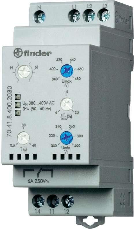 Relay di monitoraggio della rete Finder 70.41.8.2030 70.8.2030 Monitoraggio della rete in 3 fasi (380-415 V/AC), N Conduttore-U