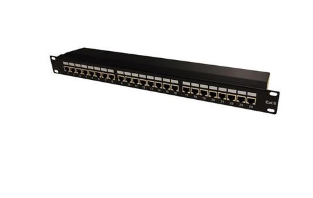 Patch panel per rack 19" pannello 24 porte Cat 6 FTP, 1U con asole fissaggio cavi, nero