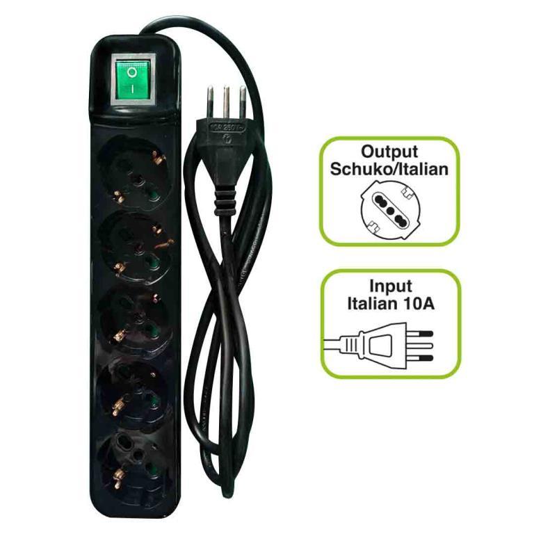 MULTIPRESA TECNOWARE 5 POSTI inclinati 45 Tipo Schuko/Italia 10/16A INTERRUTTORE Spina Ingresso ItaliaNera FMP5IIG