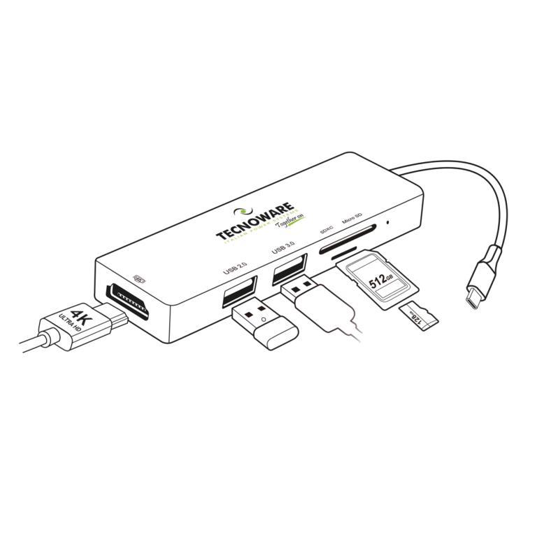 DOCKING STATION TECNOWARE HUB USB-C 5 in 1 Adapter HDMI USB2.0 USB3.0Card Slot SDXC e Micro SD - FHUB17693
