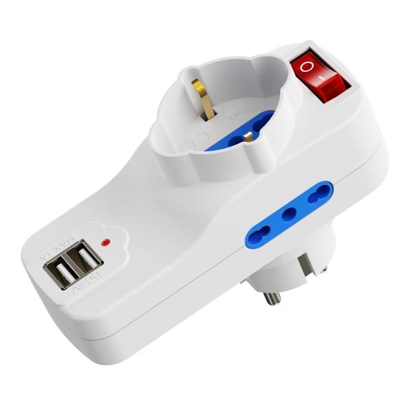 EWENT ADATTATORE ELETTRICO 3 PRESE 2P USB-A SCHUKO 16A EW1194